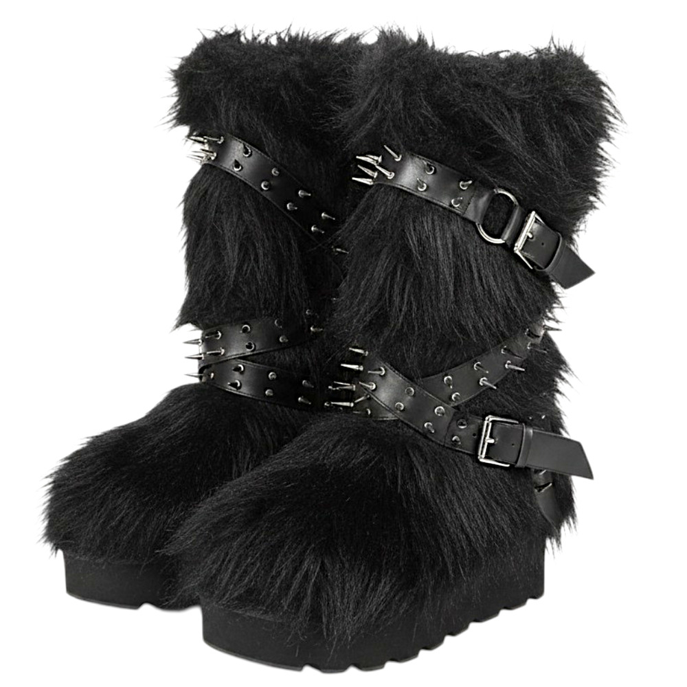 Widow Dolls Kill Faux Fur Platform Boots Black Spiked Goth Heels 7 NWOT